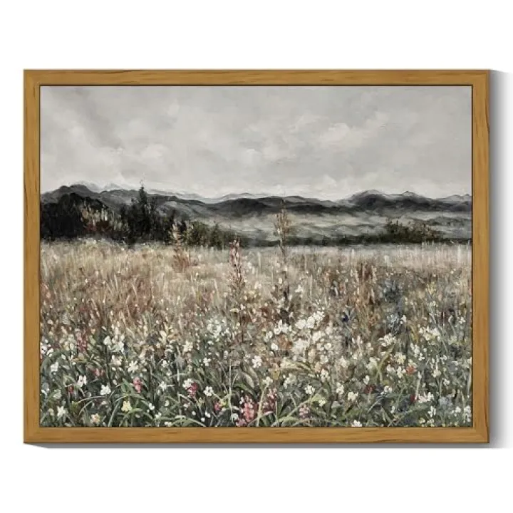 SHENIFY Vintage Landscape Framed Wall Art Meadow Flowers Farmhouse Decor Retro Classic Painting for Kitchen Living Room Bedroom Bathroom - 8x10in Natural Framed