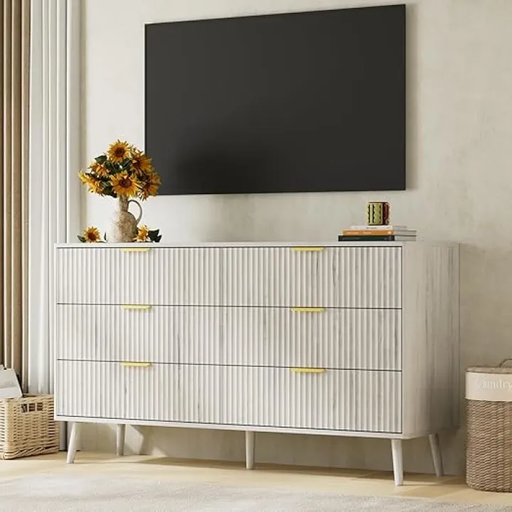 LYNSOM White Dresser for Bedroom with 6 Drawers, 55” Wide Fluted Dresser with Gold Handle, Deep Drawer, Wooden Dressers Modern Chest of Drawer for Hallway, Closet, Living Room, White