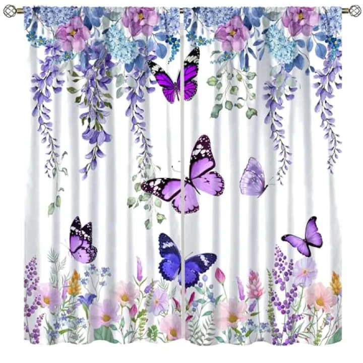 Butterfly Blackout Curtain,Spring Purple Floral Lavender Leaves Window Treatment Curtains for Living Room Kitchen Cafe Bedroom Dining Room Office Drapes, 42x54 in
