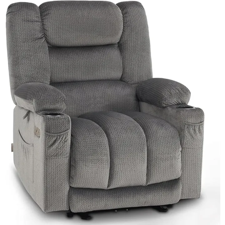 Large Cozy Nursery Chair for Living Room Ergonomic Gray Electric Recliner Chair with Vibration Heat Classic Breathable Single Sofa