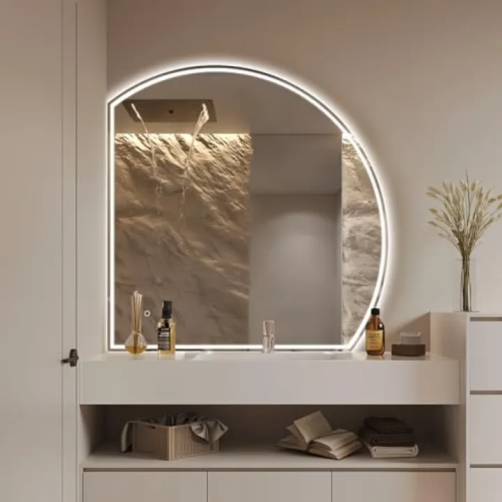 Niccy 32" Half Moon LED Mirror for Bathroom, Backlit/Front Lighted, Irregular 1/4 Round Lighted Mirrors with Bedroom Wall-Mirror, Frameless-Mirror for Entryway, Anti-Fog, Dimmable, Makeup-Mirror