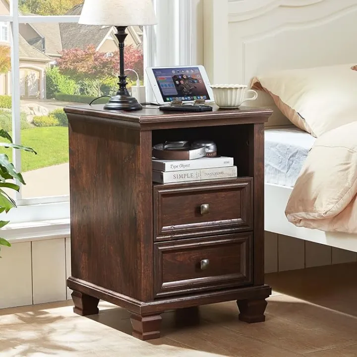 Farmhouse Nightstand with Charging Station, Rustic Brown Nightstand,2 Drawers End Table for Living Room,Bedside Table with Open Shelf for Bed Room,Walnut