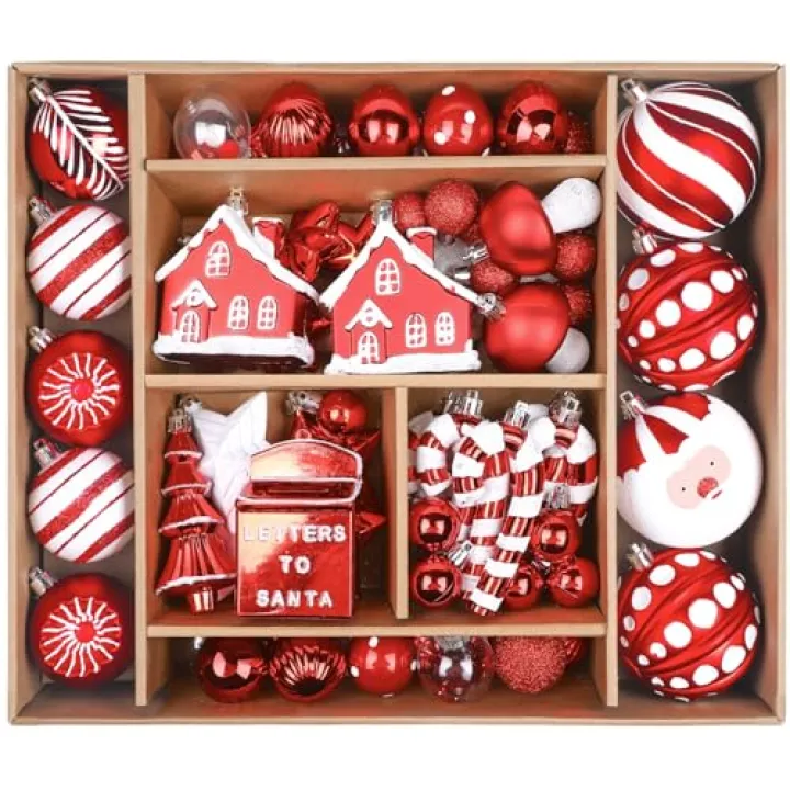 SHareconn 80ct Christmas Balls Ornaments Set, Shatterproof Plastic Colorful Xmas Decorative, Baubles for Tree Decorations with Hanging Strings, Red & White