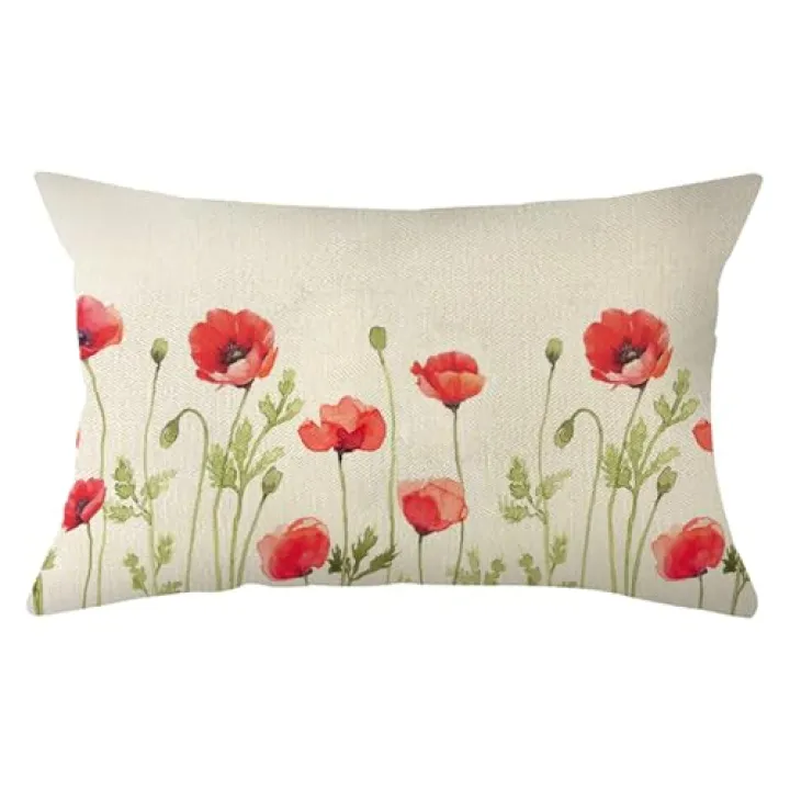 Ogiselestyle Watercolor Poppy Floral Throw Pillow Cover 12 x 20 Inch, Spring Summer Flower Cushion Case Decoration for Sofa Couch