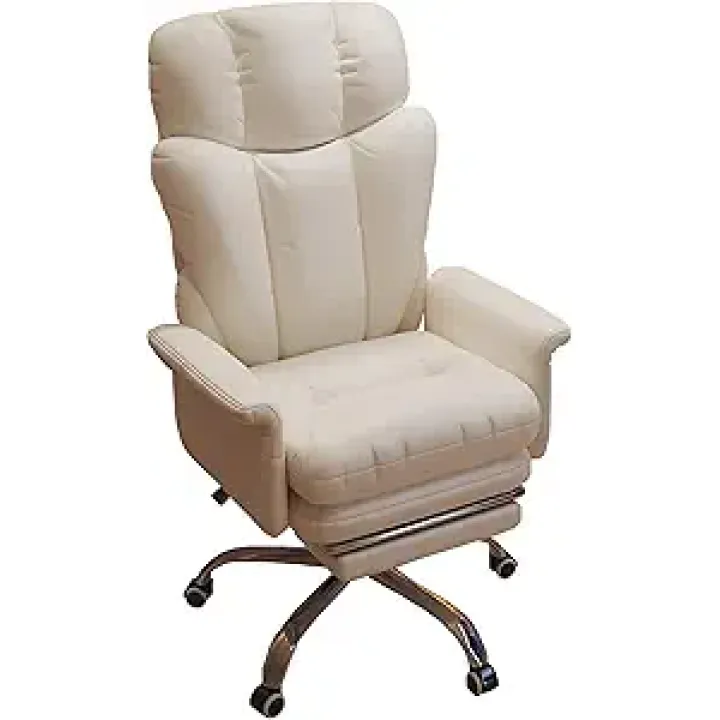 Swivel Room Chair Home Office Desk Chair, Leather Swivel Computer Task Chair with Footrest & Tiltable Back, Adjustable Height Ergonomic Vanity Chair, Easy to As(Off White)