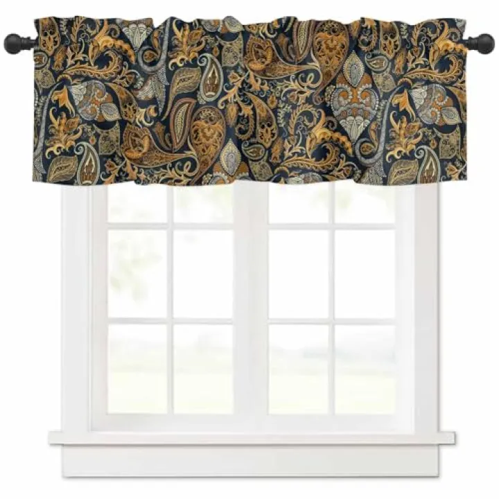 XIANJUMP Boho Brown Flowers Valance for Windows, Paisley Retro Flowers Abstract Kitchen Valance Rod Pocket Short Curtain 54x18 Inch Decorative Window Treatment for Basement Living Room Bedroom
