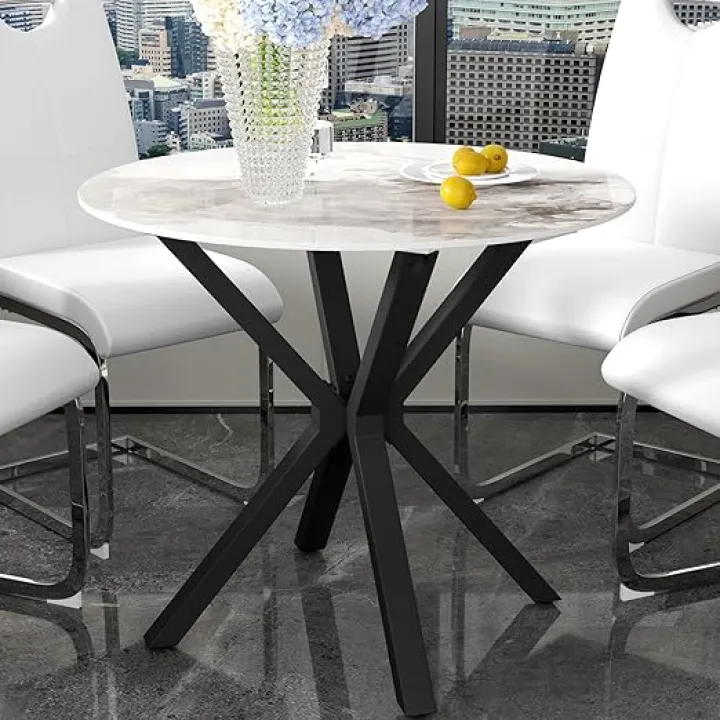 Marble Round Dining Table with Black Metal Legs, 32 in Modern Sintered Stone White Kitchen Table Circle Table for Dining Room Kitchen