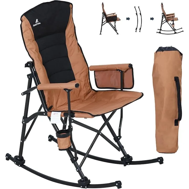 Oversized Folding Rocking Camping Chair for Adults, Adjustable Padded Backrest Rocker Chair with Hard Armrests, Portable Outdoor Chairs for Patio, Lawn and Garden(Supports 350lbs), Brown