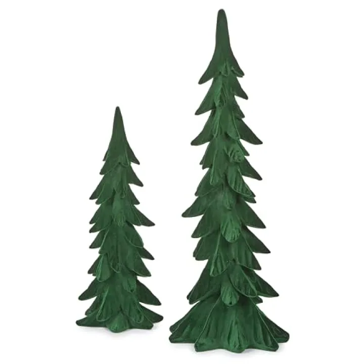 Roman, Set of 2 Green Flocked Trees, 17.5"-24" H, Tabletop Christmas Decoration, Holiday Decor