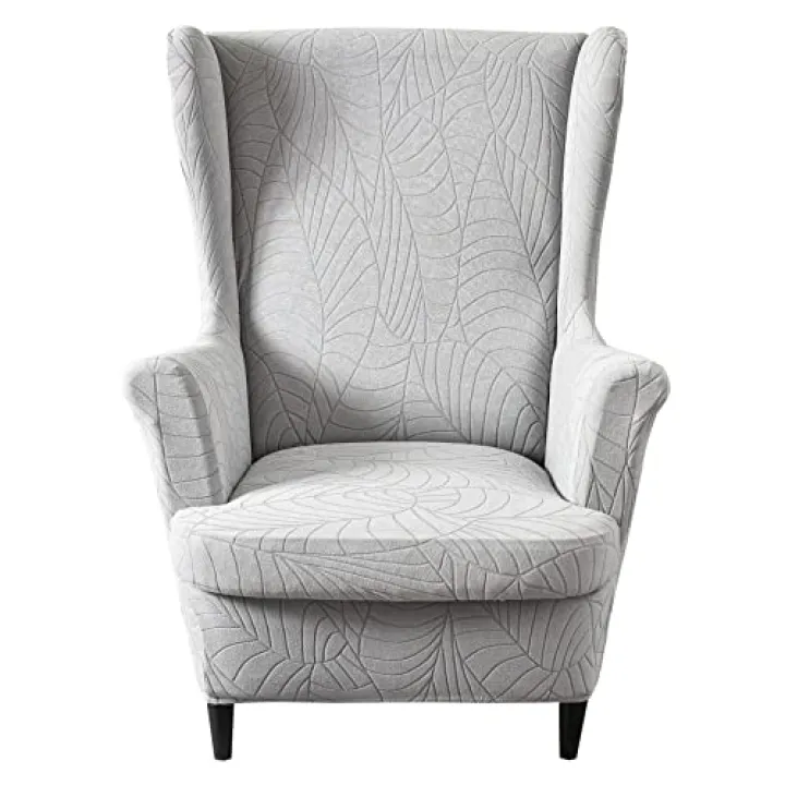 ele ELEOPTION Wing Back Chair Covers with Arms 2 Piece Slipcovers for Armchair Washable Stretch Wingback Chair Cover Furniture Protector Leaves Light Gray