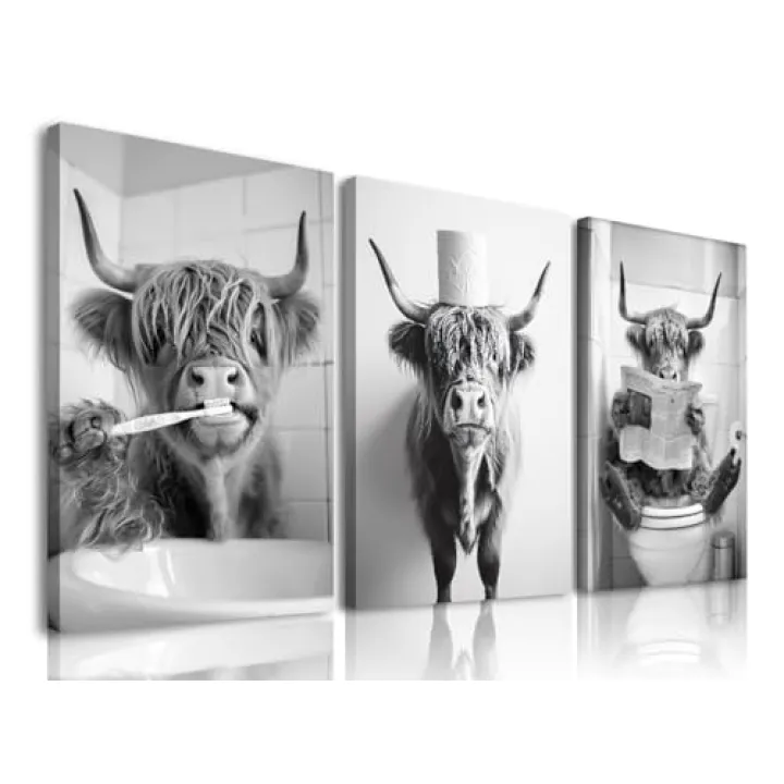 Aroutde Highland Cow Bathroom Wall Art Set of 3, Funny Animal Cow Canvas Prints, Black and White Farmhouse Painting Toilet Wall Decor for Home Restroom Ready to Hang (12x16 Inch)