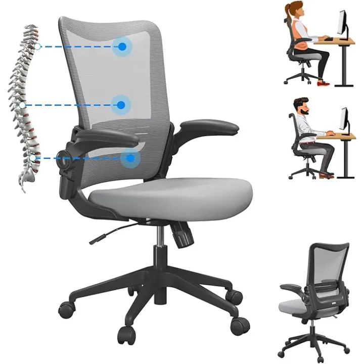 C6-M Grey Ergonomic Office Desk Chair with Lumbar Support Flip-Up Adjustable Armrest 120° Rocking Mesh Computer Chair for Office Home Conference Room Usage