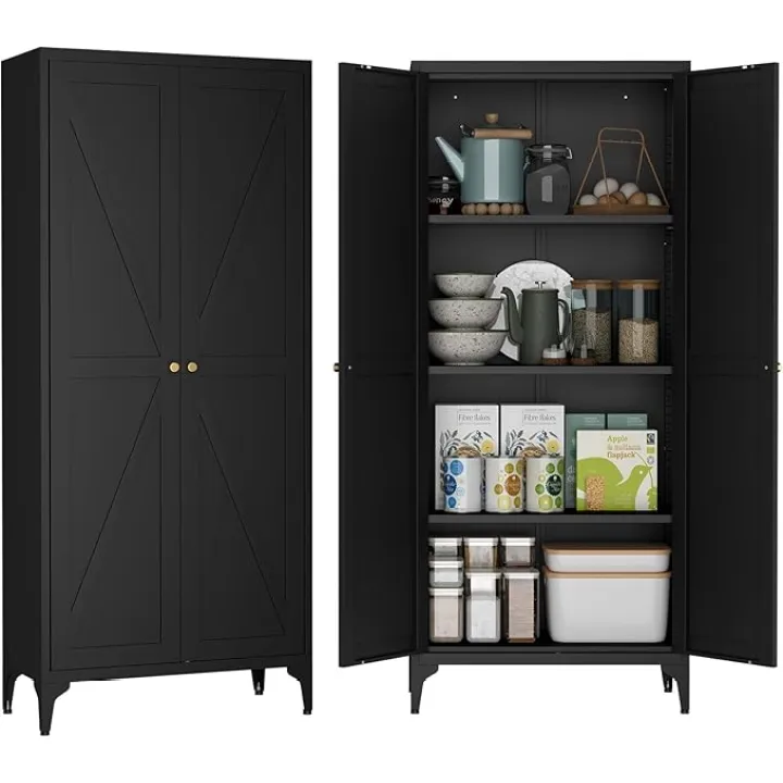 65 H Pantry Cabinet, Kitchen Pantry Storage Cabinets with 2 Doors and 3 Adjustable Shelves, Tall Metal Food Storage Cupboard for Kitchen, Dining Room, Black
