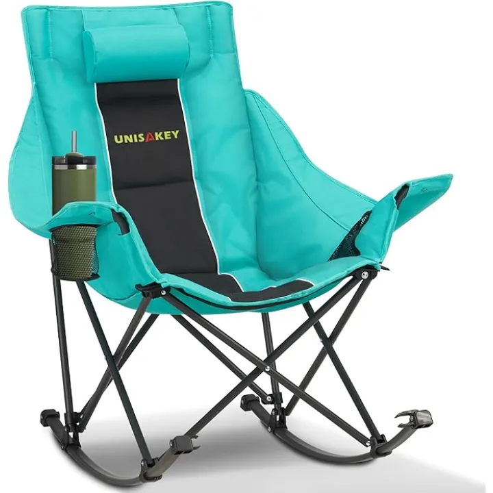 Oversized Rocking Camping Chair with Headrest & Cup Holder - 400lbs Capacity, 600D Oxford Fabric, Easy Fold Portable Outdoor Rocker Chair for Camping, Backyard, Beach, Black Green