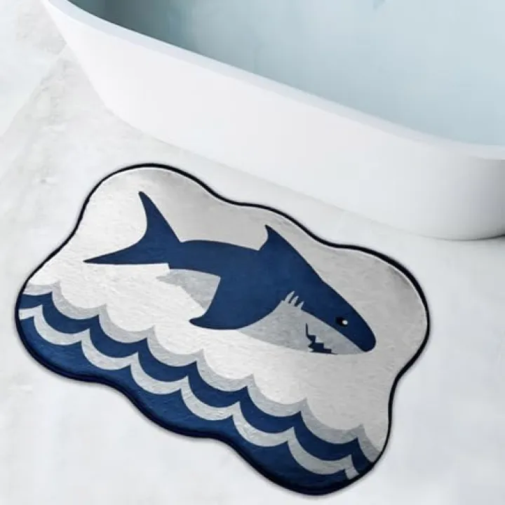 Milnnie Luxury Shark Bathroom Rugs, Cute Blue Bath Mat with Navy Blue Wave Design, Extra Soft Microfiber Non-Slip Mat for Tub & Shower,Trendy Aesthetic Fun Preppy Decor