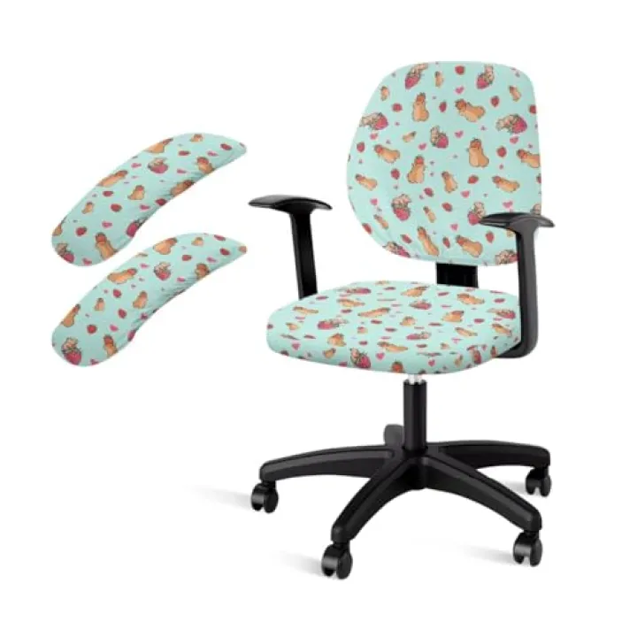 Batyqompu Capybara Heart Strawberry Blue Computer Chair Protector with Armrest Covers Stretch Washable 4 Pieces Set Boss Chair Slipcover Elastic Anti-Slip High Back Chair Slipcover