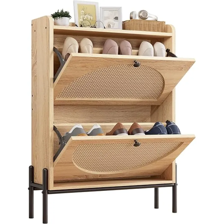 IRONCK Small Shoe Cabinet Storage with 2 Flip Drawers, Free Standing Wooden Shoe Storage Organizer Cabinet with Rattan Doors for Entryway, Narrow Shoe Rack Cabinet, Oak