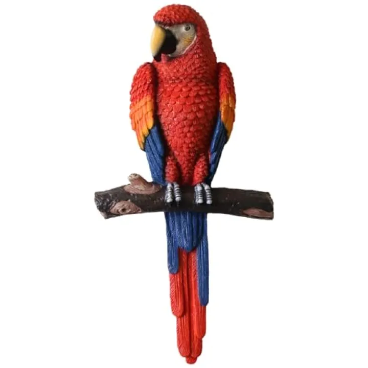 Parrot on a Branch Hanging Sculpture, Colorful Bird Decor Statue, Tropical Island Theme Wall Art