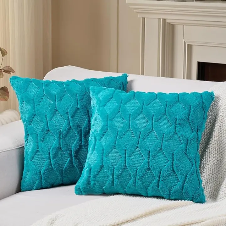 Volcanics Pack of 2 Faux Wool Throw Pillow Covers 20x20 Inches Decorative Farmhouse Velvet Couch Pillow Case Soft Plush Square Boho Cushion Pillowcase, Turquoise