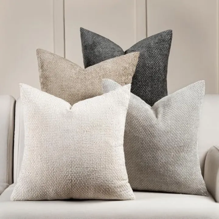 Volcanics Boho Throw Pillow Covers 20x20 Set of 4, Neutral Chenille Decorative Cushion Covers for Couch, Sofa, Bedroom, Living Room, Farmhouse & Mid-Century Modern Home Decor