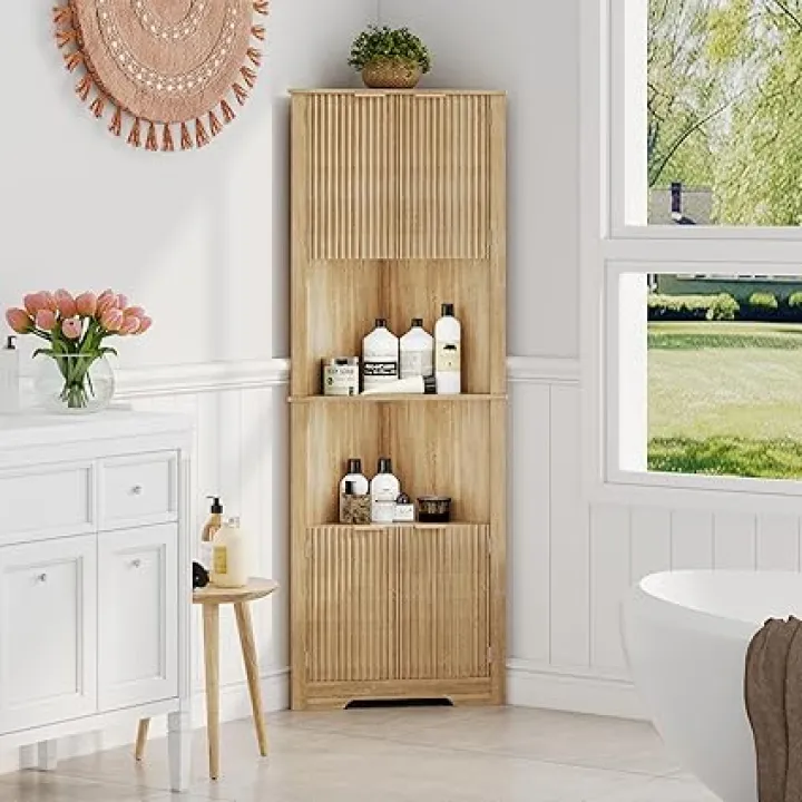 64" Tall Corner Cabinet, Modern Fluted Storage Cabinet with Adjustable Shelf Two Doors Organizer with Open Frame for Living Room Kitchen Bathroom