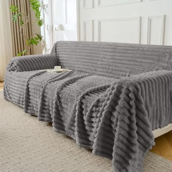 Jungle Star Stirped Grey Couch Cover for Sectional Sofa, Sofa Slipcover for 2 Cushion Couch, 71"x118" Caramel Non-Slip Washable Loveseat Cover, Sofa Protector for Dogs