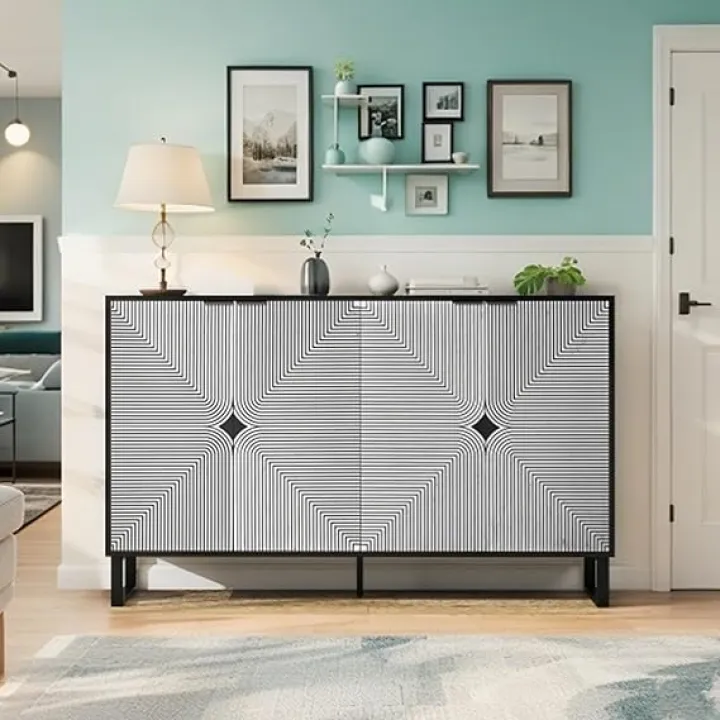 59.13" Buffet Cabinet with 4 Doors, Credenza Storage Cabinet with Black and White Line and Adjustable Shelf, Modern Sideboard for Kitchen, Living Room, Dining Room, Black