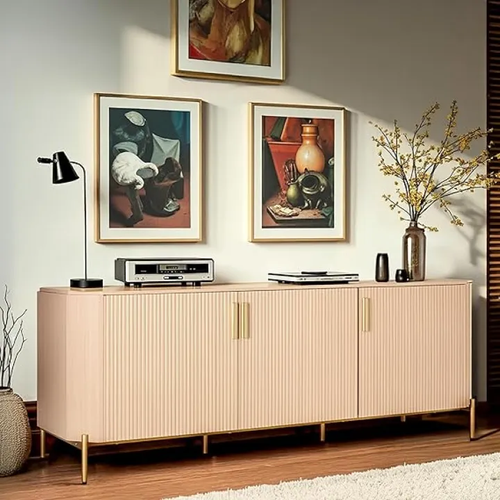 Finnhomy 66.3" Sideboard Buffet Cabinet, Kitchen Storage Cabinet with Fluted Decorated Doors, Wooden Accent Console with 3 Doors for Living Room, Hexagonal Design, 66.3x28.7X 17.7 Inches, Natural