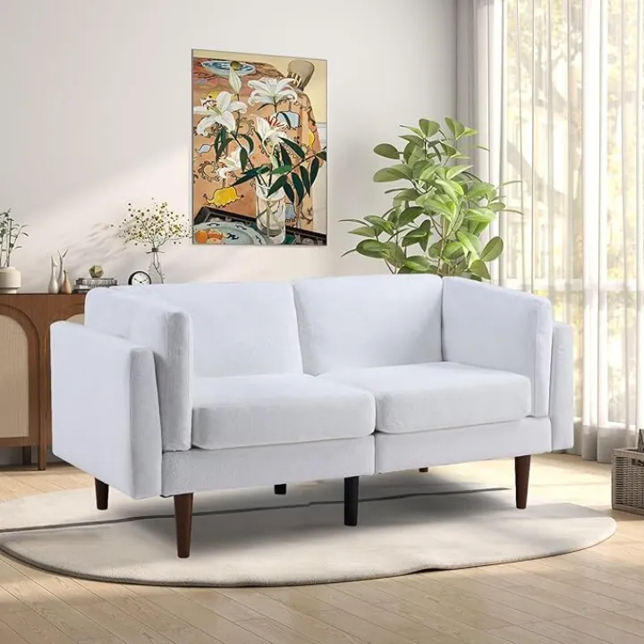 Sleeper Sofa Bed, Soft Chenille Futon Loveseat, Mid Century Modern Futon Couch, Small Sofa Couch for Small Space Living Room, Beige