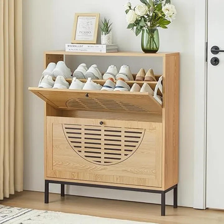RARZOE Shoe Storage Cabinet with 2 Flip Drawers, Narrow Entryway Shoe Rack, Farmhouse Slim Shoe Storage Cabinet with Metal Legs for Entryway, Foyer, Hallway, Apartment, Natural