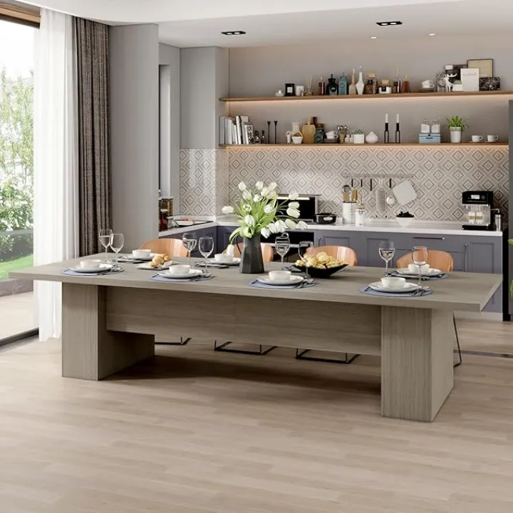 Hitow Dining Table for 10-12 People, 118-Inch Rectangular Wood Kitchen Table with Thicken Tabletop, Heavy Duty Office Conference Room Table, Dining Room Living Room, Grey Brown