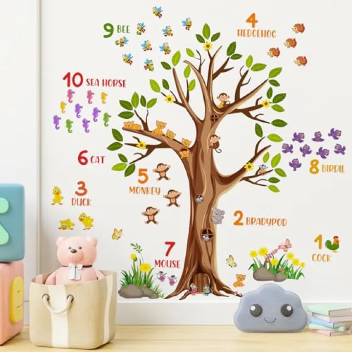 DTLIFEK Large Green Tree Wall Decals Learning Numbers Animals Wall Stickers Removable Educational Animals Birds Wall Art Decal Peel and Stick Garden Flowers Grass Wall Murals for Girls Bedroom Decor