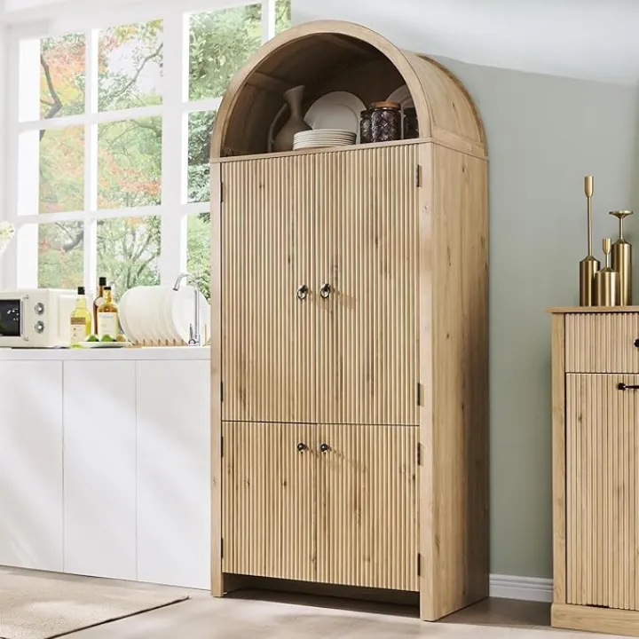 71" Tall Arched Kitchen Pantry, Modern Fluted Wood Storage Cabinet with Doors, 3 Adjustable Shelves, 6 Door Shelves, Organizer, Versatile Cupboard for Kitchen, Bathroom, Natrual
