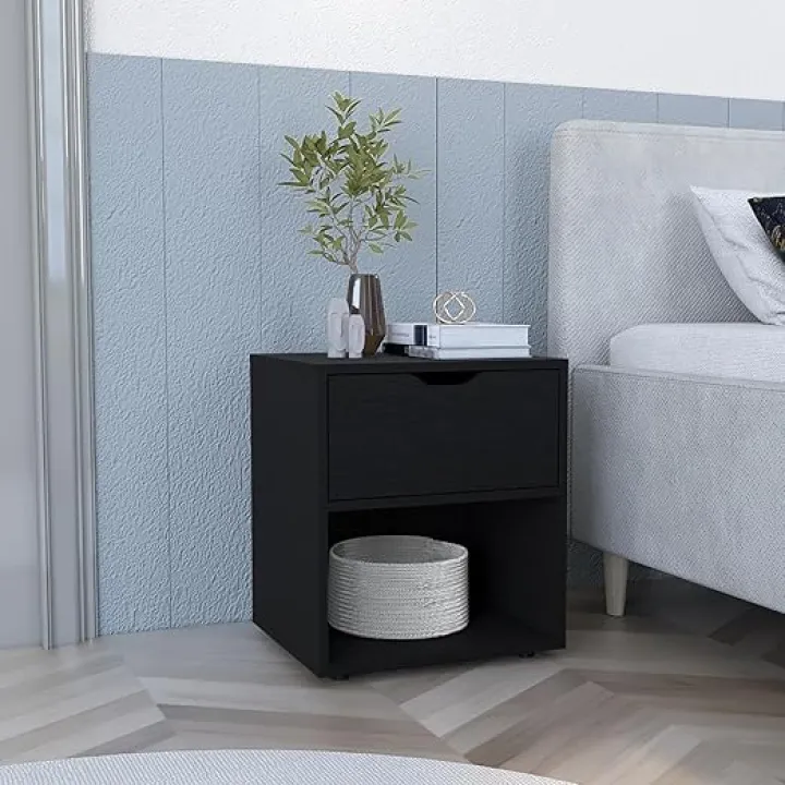 MOOSH 19.7" Tall Nightstand End Table in Black with Shelf and Drawer for Confined Areas High Open 1 Strong Furniture