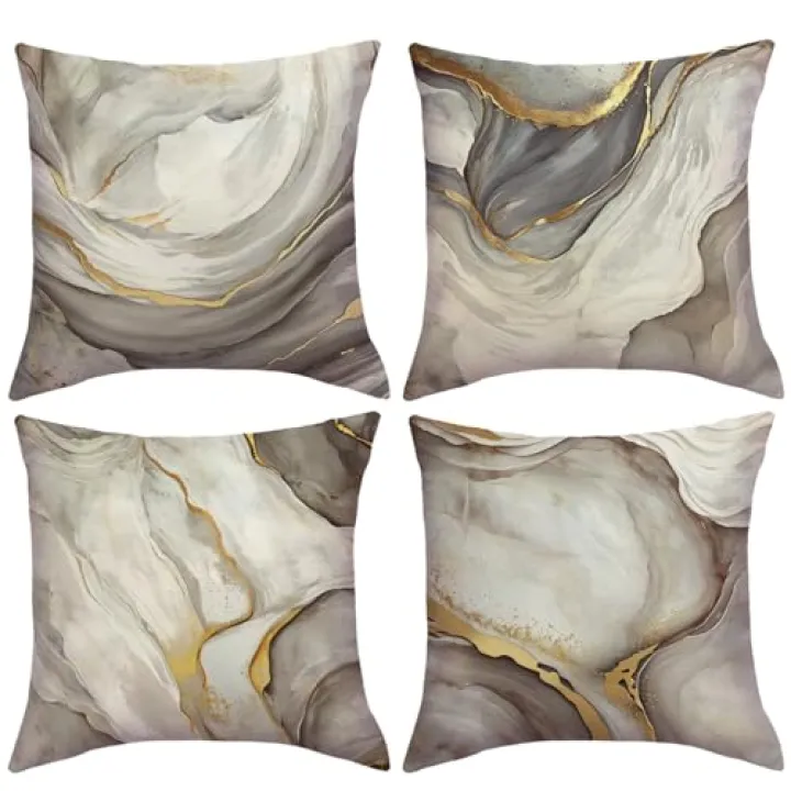 JAERUE Marble Texture Decorative Throw Pillow Covers 18 x 18 Inch White and Gold Art Ink Pillow Case Modern Abstract Luxury Cushion Covers 4Pack Boho Decor for Couch Sofa Porch (White/Gold)