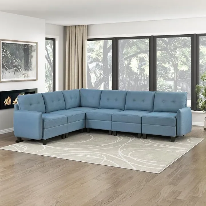Lexicon L Shape Sectional Couch with Hidden Storage, Textured Fabric Modular Sectional Sofa with Button-Tufted Design, Reversible Back Cushion, 6 Seater Large Sofa, Blue