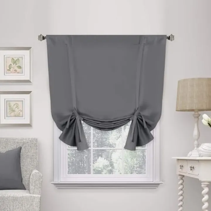 H.VERSAILTEX Gray Tie Up Shade for Small Window Thermal Insulated Blackout Short Curtain Bathroom Curtain, Window Valance Balloon Roman Blind (Rod Pocket Panel, 46 inches W x 63 inches L)