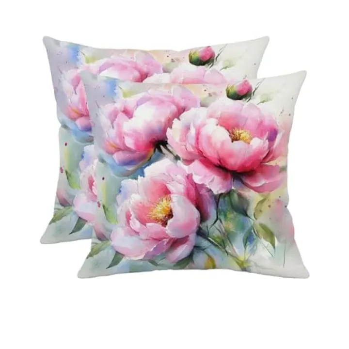 Doobicy Set of 2 Floral Throw Pillow Covers 18x18Inch Watercolor Peony Flower Cushion Covers Linen Decor Pillowcases for Sofa, Bed, Living Room, Farmhouse Spring Outdoors Home Décor