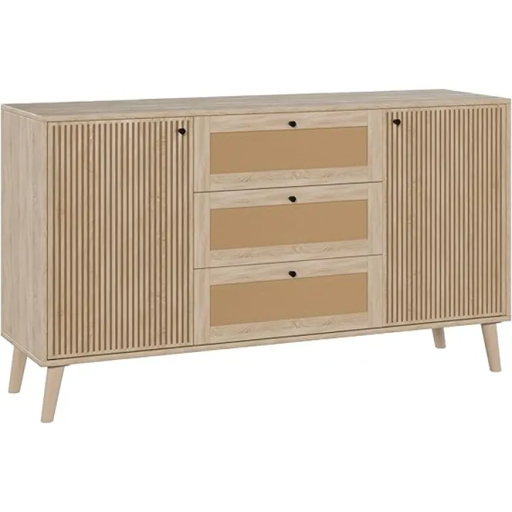 EROMMY 55" Rattan Sideboard Buffet Cabinet, Accent Storage Cabinet with 3 Rattan Drawers & 2 Fluted Doors, Mid Century TV Consoles for Living Room, Kitchen, Dining Room, Entryway, Natural