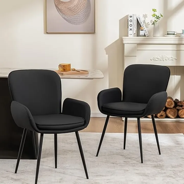 VKNOW Dining Chairs Set of 2, Modern Leather Dining Room Chairs with Curved Back and Metal Legs,Upholstered Dinner Chair Kitchen Chairs for Dining Room, Black