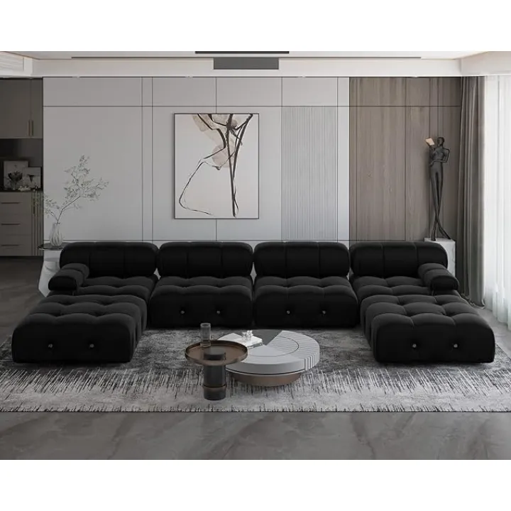 JACH 138" Modular Sectional Couch, U-Shaped Minimalist Velvet Sofas with Chaise Ottomans, Convertible Modern Deep 6-Seat Sofas Furniture for Living Room, Apartment (Black)