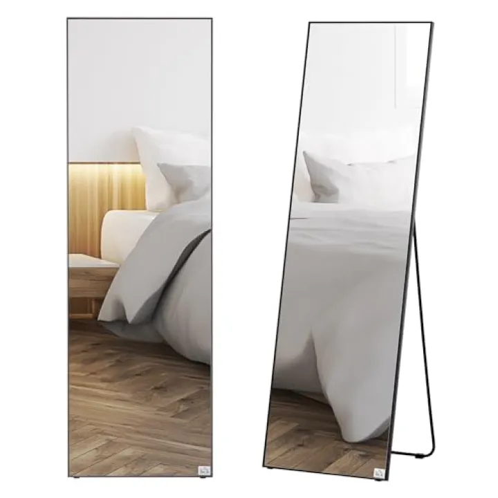 Full Length Glass Mirror, Freestanding or Wall Mounted Dress Mirror for Bedroom, Living Room, Bathroom, 19.75" x 63.5", Black
