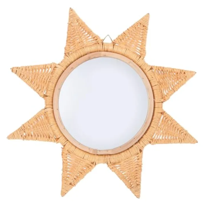 GRIRIW Vintage Rattan Woven Decorative Wall Mirror Hanging Adornment for Home Chic Rattan Wall Mounted Hairdressing Mirror Indoor Wall Decor