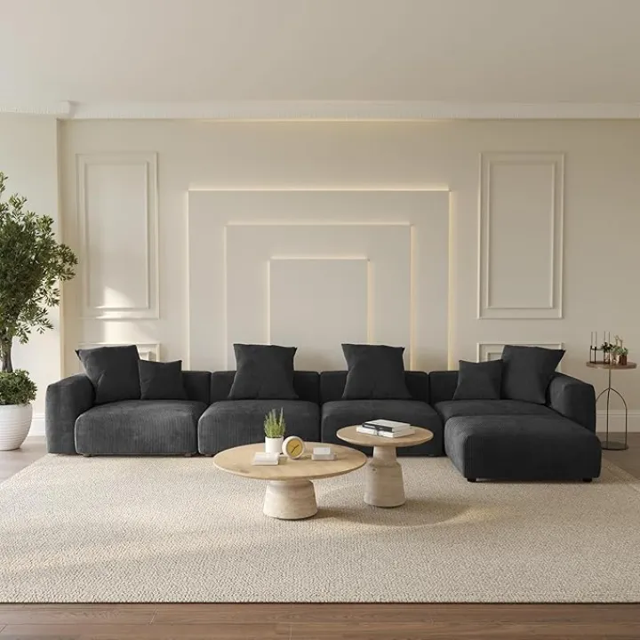 Oversized Modular Sectional Sofa with Ottomans,5 Seater Corduroy L Shaped Reversible Corner Couch,181.1" Convertible Sofa & Couch Free Combination for Living Rooom,Black