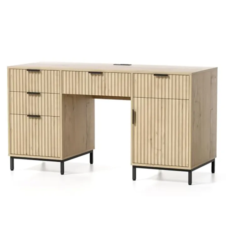 MoomJiee Modern Fluted Executive Desk with File Drawer, 55" Large Computer Desk with Storage and Charging Station, Wooden Home Office Desk for Workspace, Writing, Study, Light Oak