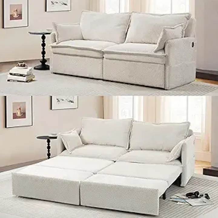 74" King Pull Out Sofa Bed - Convertible Sleeper Sofa Bed, Space Saving Corduroy Loveseat Chaise Lounge with USB Charging, Side Pockets for Living Room, Bedroom, Small Spaces (Cream, 74")