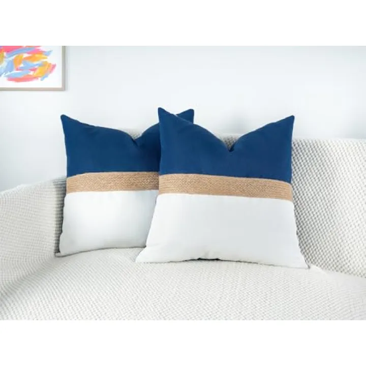 Pack of 2 Navy Blue Jute Rope Textured Patchwork Throw Pillow Covers, 18x18 Inch Soft Boho Neutral Decorative Cushion Cases for Couch, Bed and Living Room, Spring Farmhouse Aesthetic Home Decor