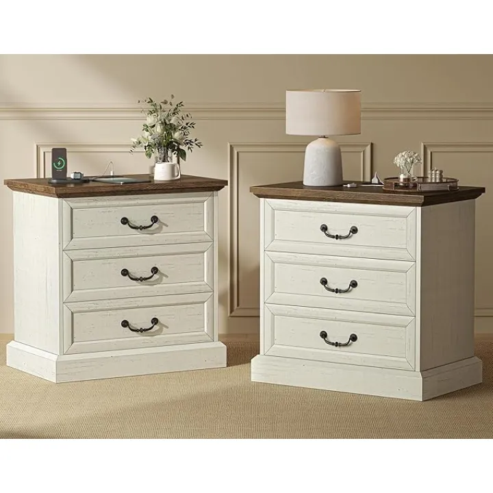 Huuger Nightstand with Charging Station, 3 Drawer Night Stand Set of 2, 22 Inch Wider Side Table with Storage, Farmhouse Nightstand with Vintage Handles, Thicken Base, for Bedroom, Distressed White