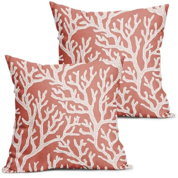 aportt Coastal Coral Tropical Pillow Covers 18X18 Inch Nautical Beach Sea Orange Decorative Pillow Cases Summer Ocean Throw Pillows Set of 2 Seasonal Farmhouse Home Decor for Sofa Couch
