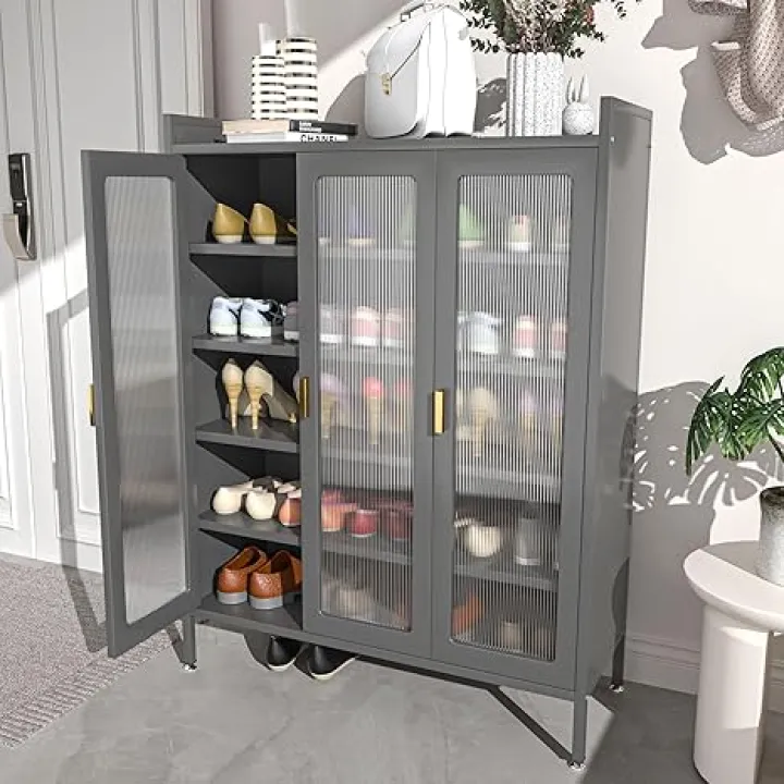 Shoe Cabinet, Modern Freestanding Shoe Rack with 4 Adjustable Shelves, Shoe Organizer Cabinet for 25-30 Pairs, Steel Storage Cabinet for Hallway, Entryway, Closet, Living Room (Dark Gray)